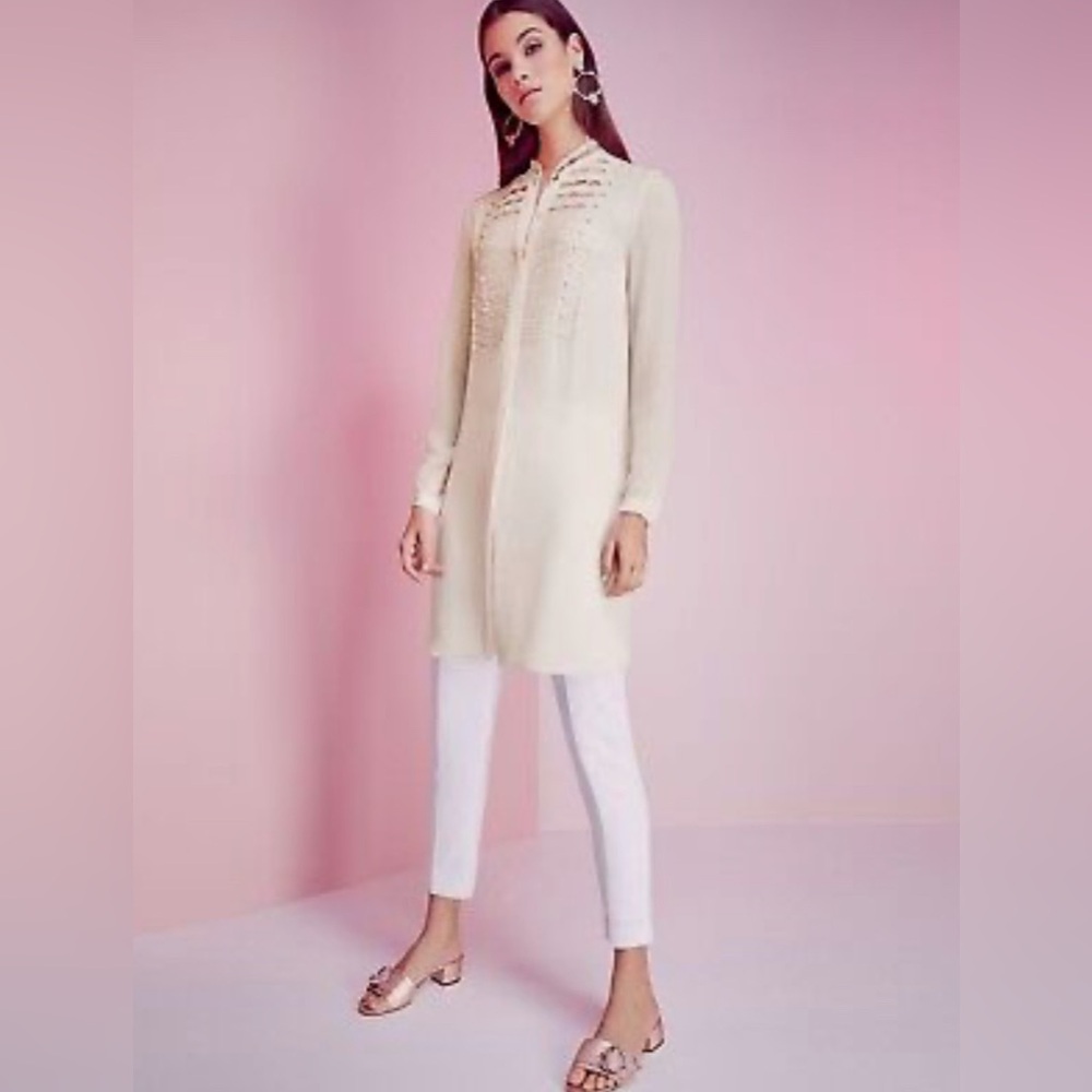 Elie Tahari 100% Silk Divita light Pink Tunic w/lace bib, bead detail Size Large